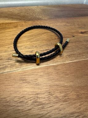 Simons Black Braided Leather Bracelet with Gold Rings